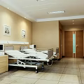 Hospital Ward Interior With Medical Beds Bedside Cabinets Wall Paintings And Tiled Floor