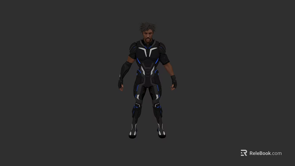 Game Movie Character In Black And Blue Futuristic Battle Suit With Muscular Build 3d model 