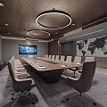 Modern Conference Room With World Map Wooden Wall Gray Carpet Seats And TV Screen