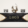Black Marble Reception Desk With Gold Accents Two Computers And Sculpture
