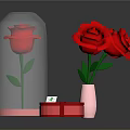 Red Roses In Glass Cloche With Pink Vase And Red Gift Box