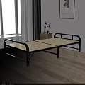 Stylish Double Bed With Black Metal Frame Light Wood Slats Nightstand Plant And Window Curtains