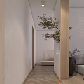Contemporary Indoor Space Interior With Wooden Grid Ceiling White Curtains Stone Shelf And Warm Lighting