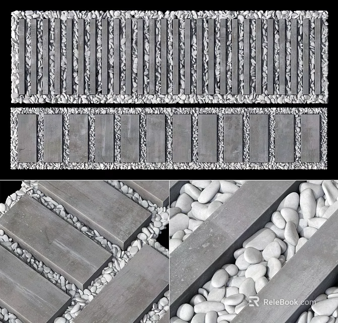 Garden Path Paving Design With Gray Slabs And White Pebbles Arrangement 3d model 