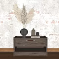 Dark Wooden Bedside Table With Textured Brick Wall Background And Dried Pampas Grass Vase