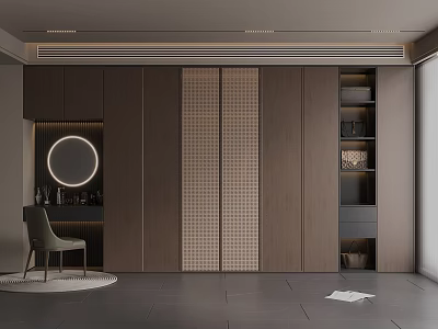 Modern Minimalist Wardrobe Interior With Round Mirror Open Shelves And Chair 3d model