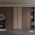 Modern Minimalist Wardrobe Interior With Round Mirror Open Shelves And Chair