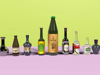 Stylish Wine Bottles and Glasses Arranged with Colorful Labels and Designs 3d model