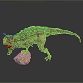 Red Dinosaur Model With Green And Black Patterns Standing On Rock Open Mouth