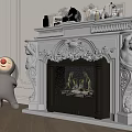 White Ornate Carved Fireplace With Statues Flames And Mantel Decorations