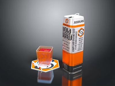 Gold Brend Orange Beverage in Orange Packaging with Small Glass Cup and Patterned Coaster 3d model