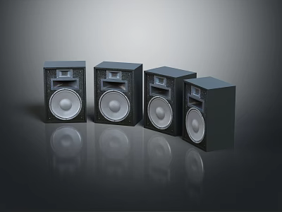 Four Modern Black Electronic Audio Speakers With Round Drivers And Grid Design 3d model