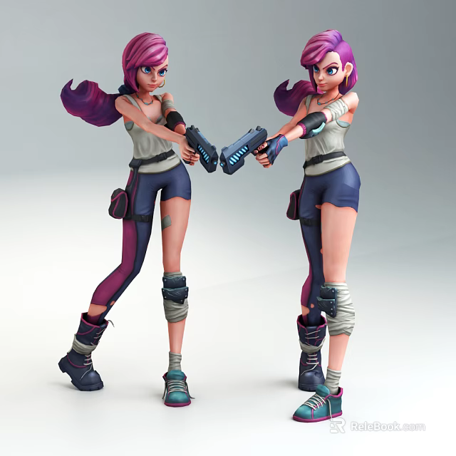 Two Game Movie Characters With Purple Hair Holding Guns In Combat Gear Standing Pose 3d model 