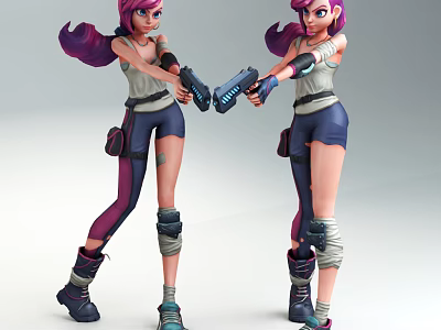 Two Game Movie Characters With Purple Hair Holding Guns In Combat Gear Standing Pose 3d model