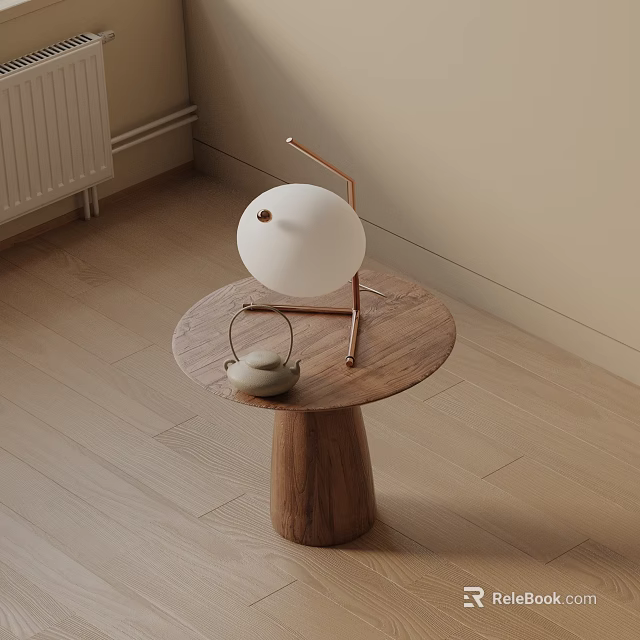 Wooden Round Top Side Table With White Spherical Lamp And Teapot In Living Room 3d model 