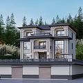 Two Story Detached Villa Exterior With Balcony Garage And Lush Trees