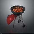 Outdoor Grill With Sausages Red Lid On Metal Stand And Wheels