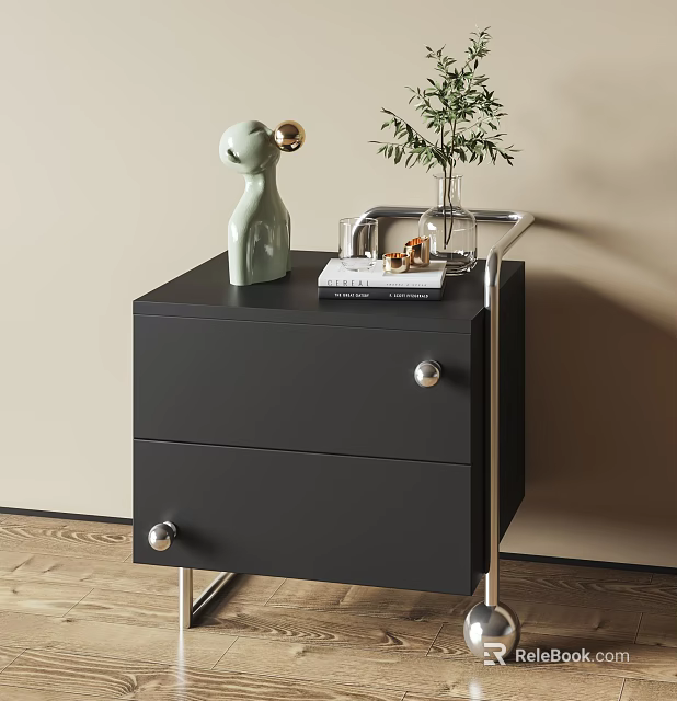 Black Nightstand Featuring Two Drawers Silver Knobs Metal Legs Light Green Sculpture Clear Vase Book 3d model 