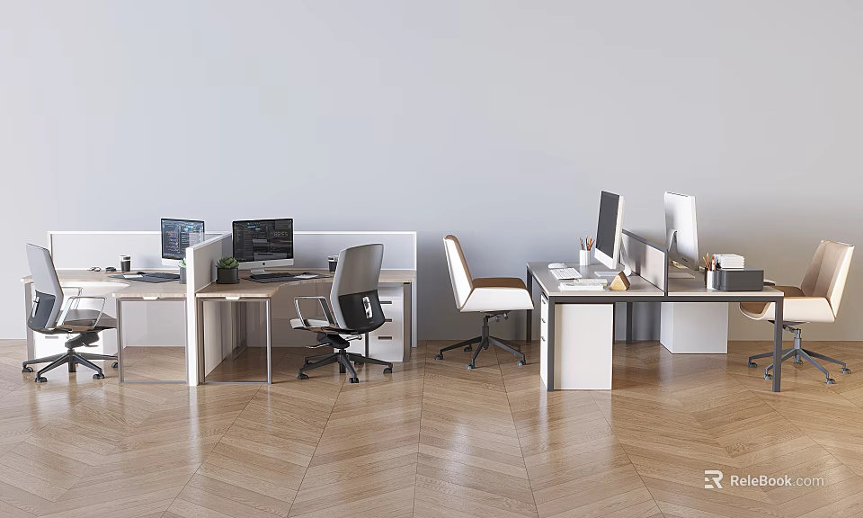 Modern Office Desk And Chair Set With Computers Office Supplies And Wooden Floor 3d model 