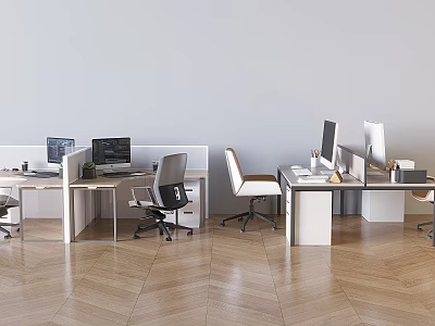 Modern Office Desk And Chair Set With Computers Office Supplies And Wooden Floor 3d model