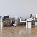 Modern Office Desk And Chair Set With Computers Office Supplies And Wooden Floor