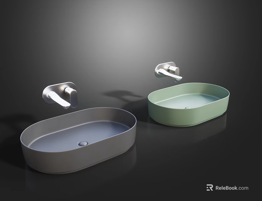 Modern Bathroom Oval Shaped Gray And Light Green Washbasins With Faucets 3d model 