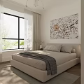 Light Filled White Bedroom With Bed Desk Chair Plant Herringbone Floor And Window Curtains