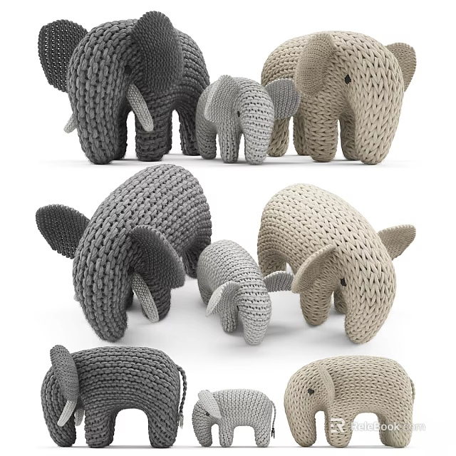 Handmade Knitted Elephant Dolls with Various Sizes and Neutral Colors 3d model 