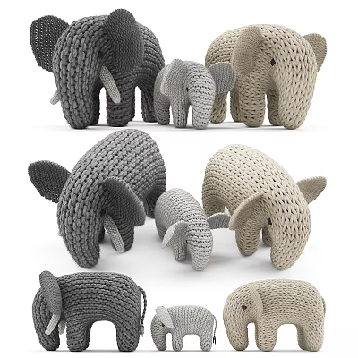Handmade Knitted Elephant Dolls with Various Sizes and Neutral Colors 3d model