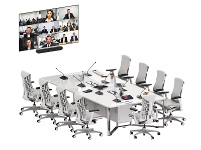Modern Office Meeting Table with Video Conference Screen Microphones and Ergonomic Chairs 3d model