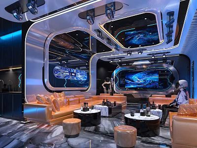 Futuristic KTV Interior With Orange Sofas And Screens 3d model