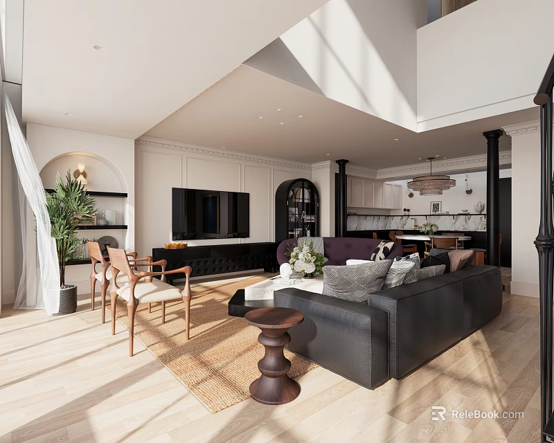 Modern Loft Living Room Interior With Sofa Dining Area And Greenery 3d model