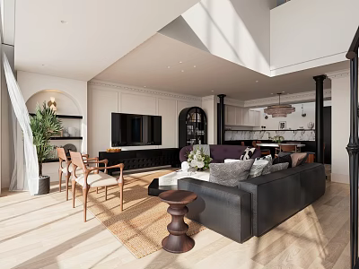 Modern Loft Living Room Interior With Sofa Dining Area And Greenery 3d model