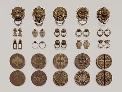 Decorative Vintage Brass Handles With Carved Patterns And Various Designs For Furniture And Cabinets 3d model