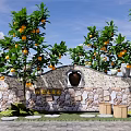 Natural Stone Landscape Wall with Clay Pots Orange Trees Bearing Fruits and Blue Sky
