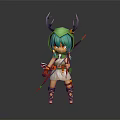 Game and Movie Character with Green Hair Antler Headdress Bow and Arrow Green White Outfit