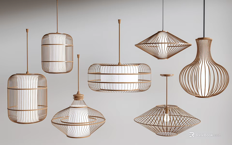 Pendant Lights With Woven Design Various Unique Shapes Hanging On Light Background 3d model