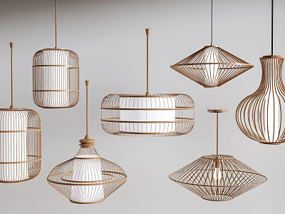 Pendant Lights With Woven Design Various Unique Shapes Hanging On Light Background 3d model