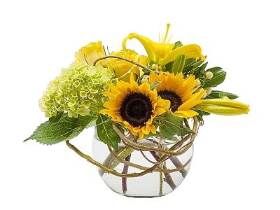Fresh Flower Arrangement with Sunflowers Lilies and Green Hydrangeas in Glass Vase with Twisted Rattan 3d model