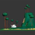 3D Rendered Landscape With Small White House Green Hills And Trees