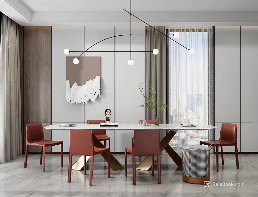 Modern Elegant Dining Table Set With Red Chairs White Table Pendant Lights Window Curtains 3d model
