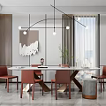 Modern Elegant Dining Table Set With Red Chairs White Table Pendant Lights Window Curtains 3d model