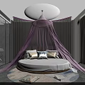 Modern Luxury Hotel Room Interior With Round Bed Purple Lighting Sheer Curtains And Rug