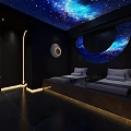 Luxurious Modern SPA Sauna Interior With Starry Spiral Ceiling Red Oval Lights and Comfortable Loungers