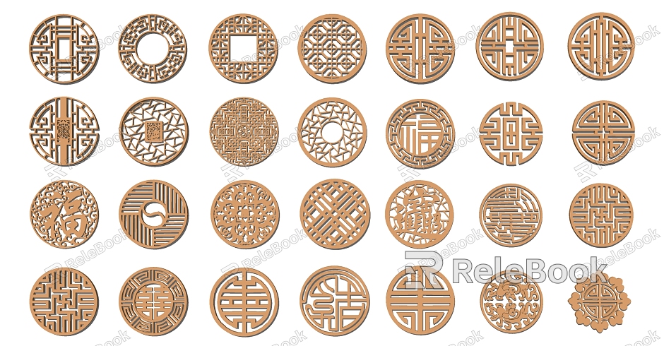 Chinese-style openwork window round lattice openwork window carved components model