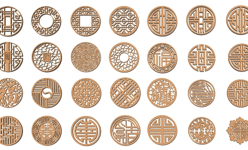 Chinese-style openwork window round lattice openwork window carved components 3d model