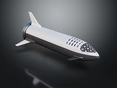 White and Black Rocket Ship 3D Model Featuring Tail Fins and Grid Like Nose Design 3d model