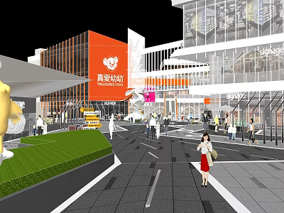 Modern Commercial Landscape With Pedestrian Plaza Green Lawn Sculpture And People 3d model