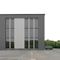 Modern Industrial Factory Exterior Design With Large Glass Windows Delivery Trucks And Spacious Yard