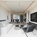 Modern Living Room Interior With Large TV Fireplace Beige Sofa And Mountain View